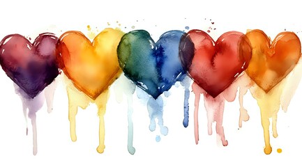 Poster - Watercolor rainbow hearts in a row with paint drips and splashes, artistic love symbols on white background for Valentine's Day designs and romantic projects.
