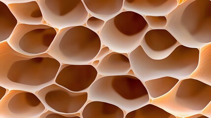 Poster - Macro view of organic honeycomb-like structure with oval cells in warm brown and beige tones creating abstract geometric pattern with depth and shadows.