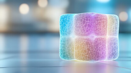 Poster - Glowing cube with rainbow gradient and crackled texture effect on blurred background with bokeh lights creates futuristic technological mood.