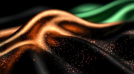 Poster - Glowing orange and green waves with sparkling particles flow against dark background creating mesmerizing abstract light effect pattern.