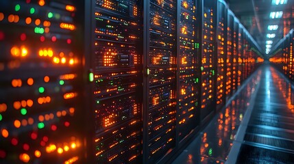 Poster - Server racks with glowing LED indicators in modern data center corridor, reflecting on glossy floor surface creating symmetric perspective with bokeh light effects.