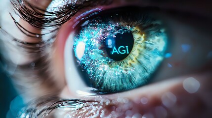 Poster - Extreme macro of human eye with digital technology reflection showing AGI text. Futuristic concept combining artificial intelligence and human vision in blue tones.