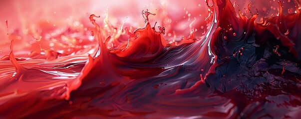 Poster - Red liquid splash creating dramatic waves and droplets against dark background, abstract fluid art with dynamic motion and rich crimson tones. Macro photography.