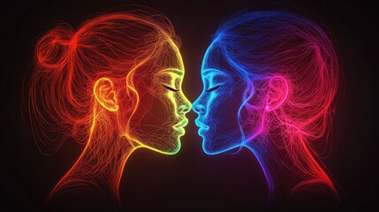 Poster - Vibrant Artistic Illustration of Two Profiles Embracing in Colorful Light