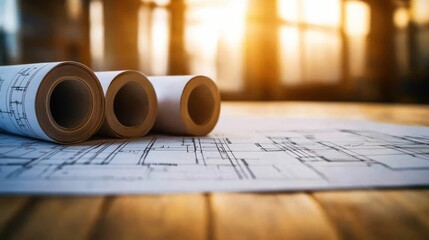 Architectural blueprints and rolled plans on a wooden table with a warm sunset background