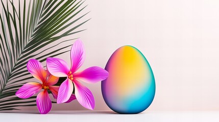 Poster - Decorated Easter egg stands alongside two pink flowers and a palm leaf against a light pink background.