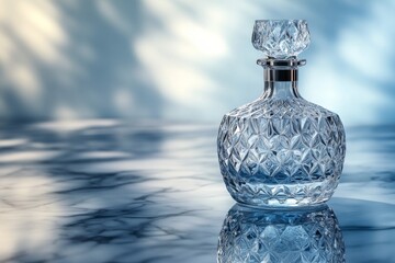 Poster - A beautifully crafted glass bottle with a decorative stopper stands on a polished surface, reflecting soft light in a serene atmosphere Generative AI