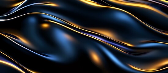 Poster - Luxurious dark waves with golden and blue light streaks creating elegant flowing pattern on black background, abstract modern design for luxury branding and presentations.