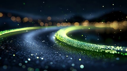 Poster - Glowing curved light trails with sparkles against dark background, creating magical atmosphere with bokeh effect and shimmering particles in motion.