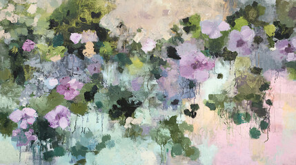 Poster - Abstract painting featuring lush green and deep purple color palette with cinematic lighting and dynamic aerial view for visual impact.