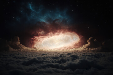 Wall Mural - A space scene with a bright orange object in the middle of a cloudy sky