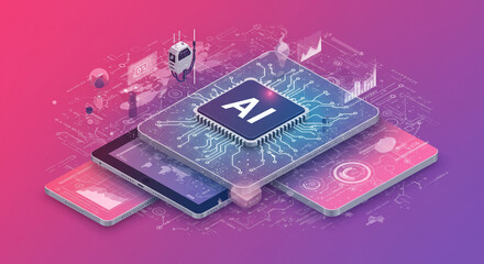 Poster - The AI Revolution: A powerful microchip at the heart of interconnected devices, symbolizing technological advancement and global connectivity, rendered in vibrant pink and purple hues.