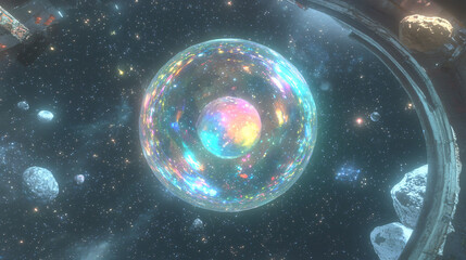 Poster - Futuristic space station featuring a large central object creating an intriguing visual display in the vastness of outer space.