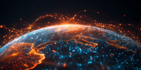 Aufkleber - Global Network: An evocative visual of interconnected global data transfer, illuminating the Earth with glowing digital threads symbolizing worldwide communication and information flow.