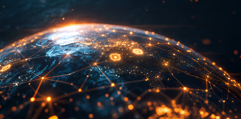 Aufkleber - Digital World: A stunning visual of Earth, interconnected with a network of glowing nodes and lines, representing the global reach of technology and communication, over a dark backdrop.