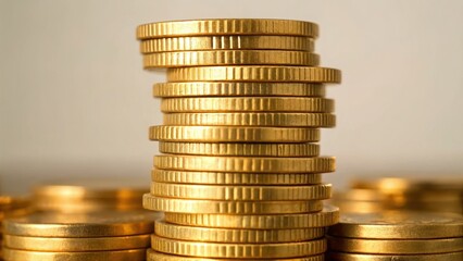 Poster - Pile of gold coins stacked with precision illuminated by soft light on a dark background surface