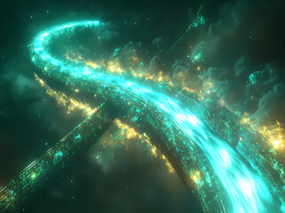 Aufkleber - Celestial River of Light: A mesmerizing, otherworldly vista unfolds, featuring a luminous, swirling river of vibrant teal and gold light. The celestial form winds through a dark, ethereal expanse.