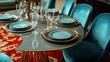© StudioFF - Elegant Formal Dining Table with Blue Chairs / 青い椅子が並ぶエレガントなフォーマルダイニングテーブル