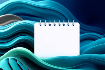 Aufkleber - White spiral notepad stands against a dynamic background of swirling blue and green abstract waves. Clean, simple, and modern design element.