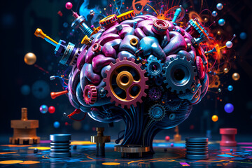 Poster - Vibrant brain illustration with gears and mechanical parts, symbolizing complex thought and innovation.  A dynamic, colorful representation of intelligence and machinery merging.