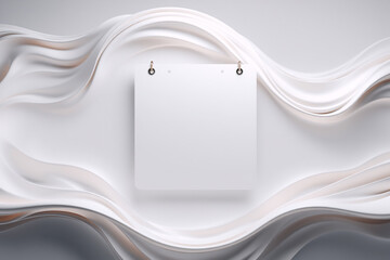 Poster - white square frame in center with abstract swirling waves background of white and beige, creating an
