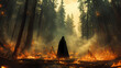 © +27.000 BOU - Mysterious Forest Fire: A cloaked figure stands amidst a raging forest fire, the flames illuminating the tall, dark trees and creating a dramatic scene
