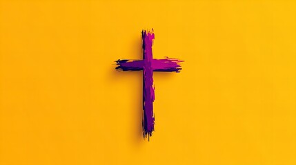 Poster - Purple artistic cross stands centrally on a solid yellow background, casting a shadow.