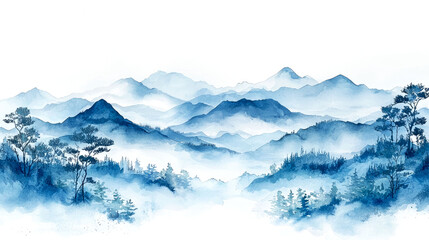 Naklejka na meble Watercolor Blue Misty Mountains Landscape