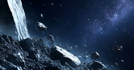 Wall Mural - cosmic cascade: a breathtaking illustration capturing an asteroid field against a backdrop of swirli