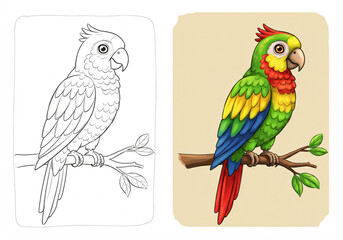 Naklejka na meble Illustration of a parrot, shown as a black and white outline on the left and in vibrant colors on the right.