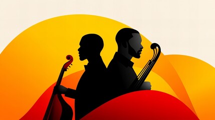 Poster - Two musicians appear in silhouette holding string instruments against a vibrant backdrop of yellow and red.