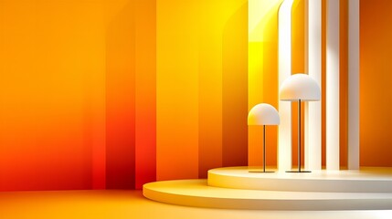 Aufkleber - two white lamps stand illuminated on a circular platform against an orange and yellow gradient backg
