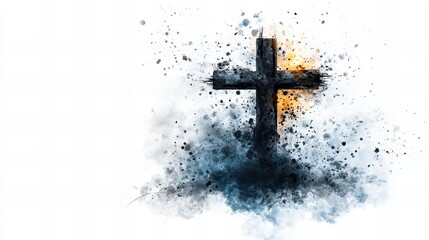 Aufkleber - watercolor cross stands boldly amidst abstract paint splashes with orange glow and textured renderin