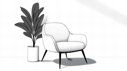 Poster - White armchair sits next to a potted plant in a simple bright room illustration.