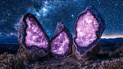 Poster - A pair of beautifully unique purple rocks showcasing their iridescent texture and geological formation in a stunning natural display.