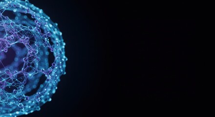 Poster - Abstract Blue and Purple Sphere Network Digital Art:  Intricate Connections and Nodes in a Dark Background
