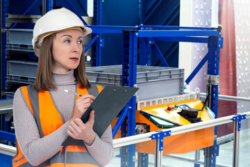 Poster - Woman industrial robotization engineer. Warehouse robots behind technologist. Woman contractor robotic distribution center. AMR with sorting boxes. Woman with clipboard in uniform with bad worker