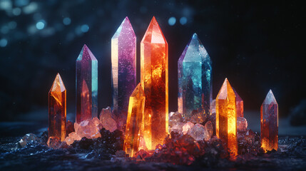 Poster - A group of beautifully arranged crystals displaying their translucent qualities and soft ambient light in a stunning natural setting.