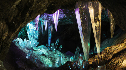 Poster - Majestic cave entrance surrounded by natural beauty and intriguing rock formations leading into a mysterious fantasy world full of wonder.