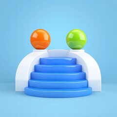 Poster - Unique blue and white chair with two colorful balls on top creating a playful and artistic scene