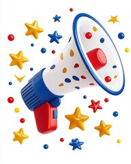 Poster - Megaphone surrounded by sparkling stars representing communication and expression in a cosmic setting