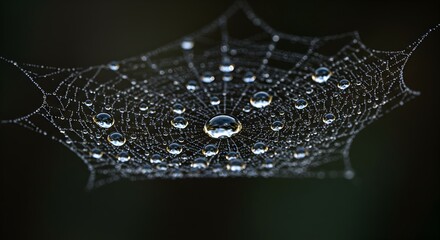 Intricate spiderweb laden with dewdrops glistening in subdued lighting