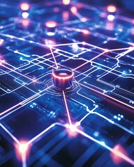 Poster - Circuit board with illuminated light source showing complex electronics and intricate connections
