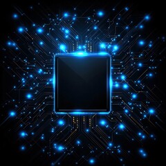 Poster - High-tech circuit board featuring vibrant blue lights illuminating integrated components and design