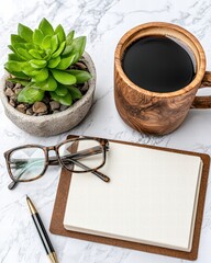 Poster - Cozy workspace featuring a desk with a warm cup of coffee and an open notepad for inspiration