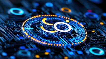 Poster - A close-up view of a computer chip featuring a blue and yellow circle highlighting its technology