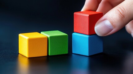 Poster - Close-up of a hand skillfully placing a colorful building block into a creative structure