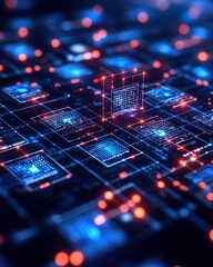 Poster - An intricate circuit board illuminated with red and blue light showcasing modern technology