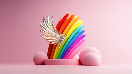 Poster - Colorful rainbow art piece with decorative silver wings against a soft pink backdrop, a celebration of pride.