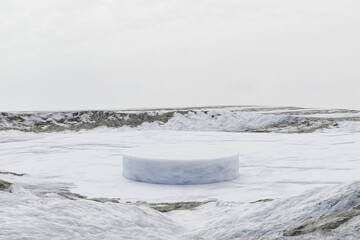 Wall Mural - 3d render winter scene and realistic natural background, ice snow podium on the frozen lake with sno
